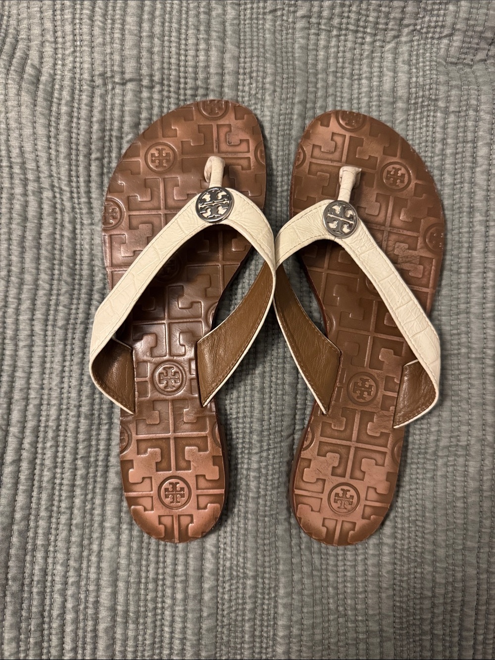 Tory Burch Light Cream Leather and Brown Logo-Embossed Thong Sandals